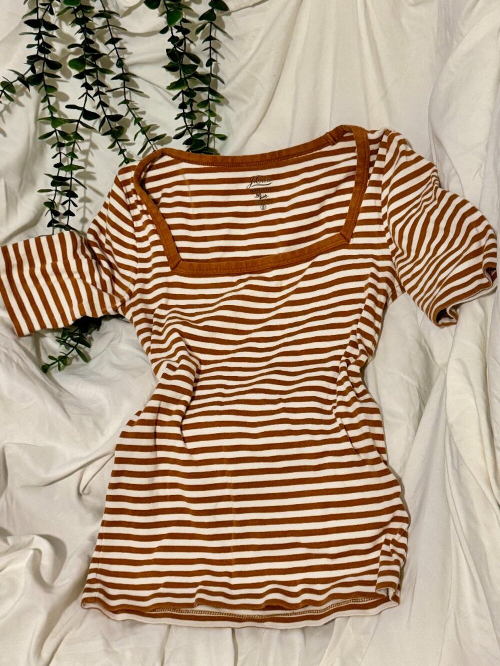 J.Crew "Perfect Fit" Brown & Cream Striped Square Neck Top - Small